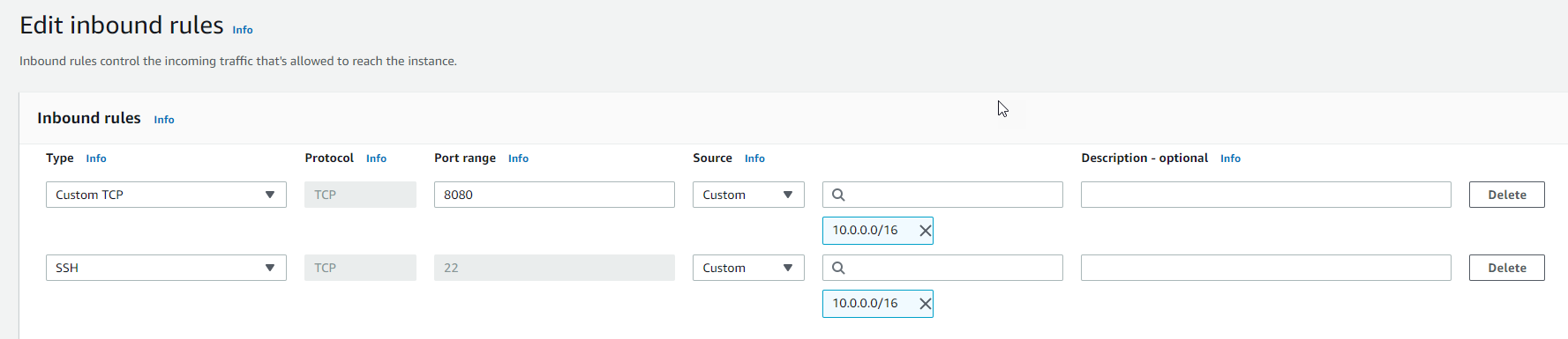 Screen shot of the test EC2 instance security group.