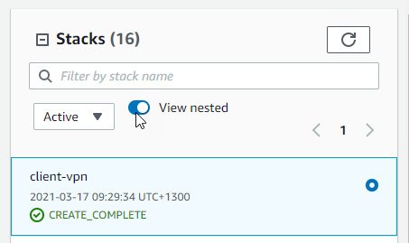 Screen shot of the VPN Endpoint CloudFormation stack.