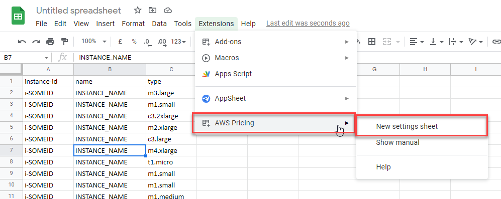 Screen shot of the AWS Pricing plugin.