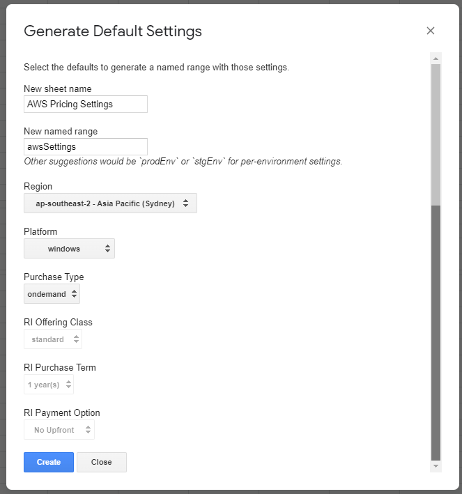 Screen shot of the AWS Pricing settings.