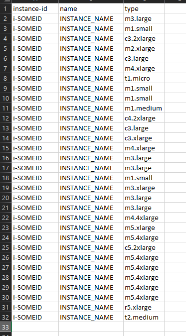 Screen shot of the EC2 instances exported to CSV.