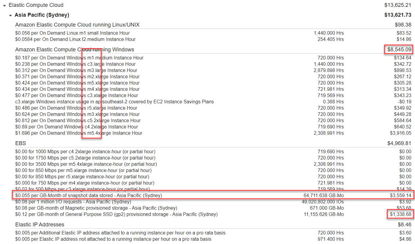 Screen shot of the expanded EC2 bill.