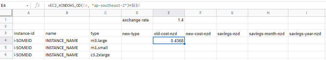 Screen shot of the old cost formula.