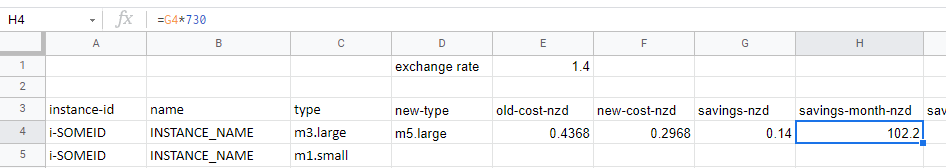 Screen shot of the savings per month formula.