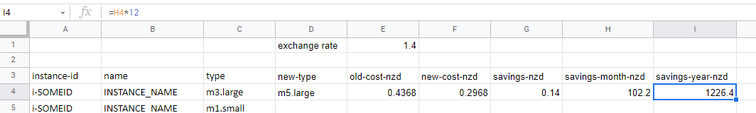 Screen shot of the savings per year formula.