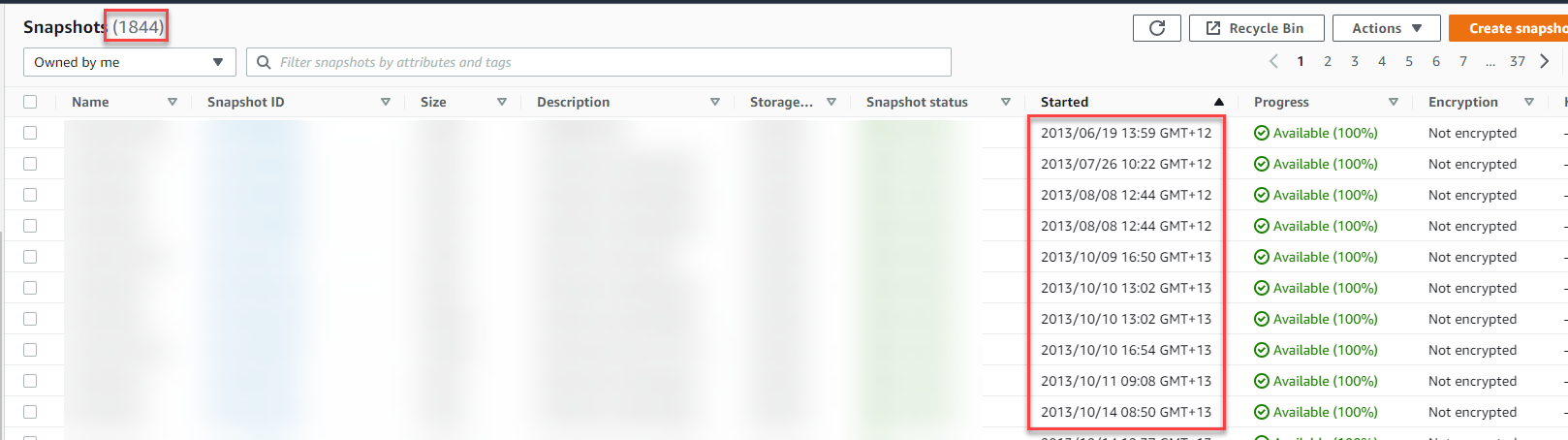 Screen shot of the AWS snapshots.