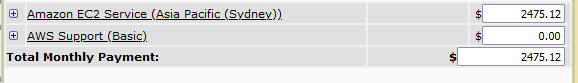 Screen shot of the EBS cost estimates.