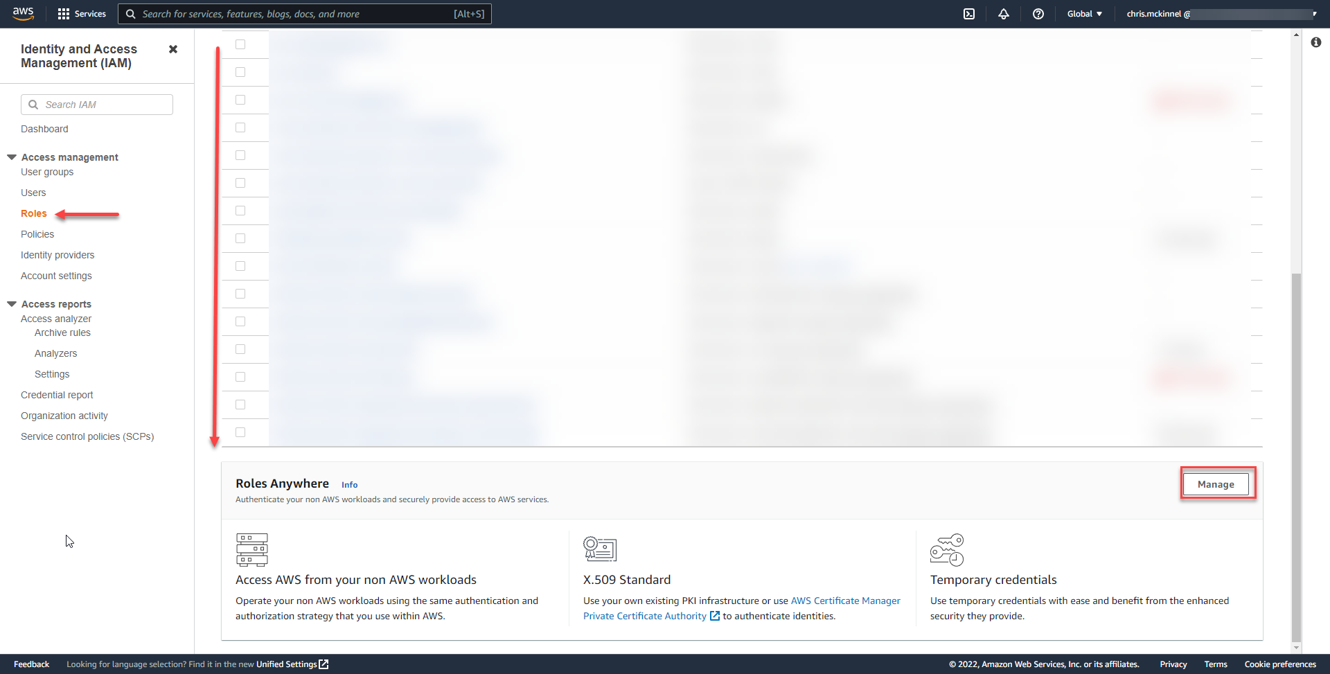 Screen shot of IAM Roles Anywhere Manage button.