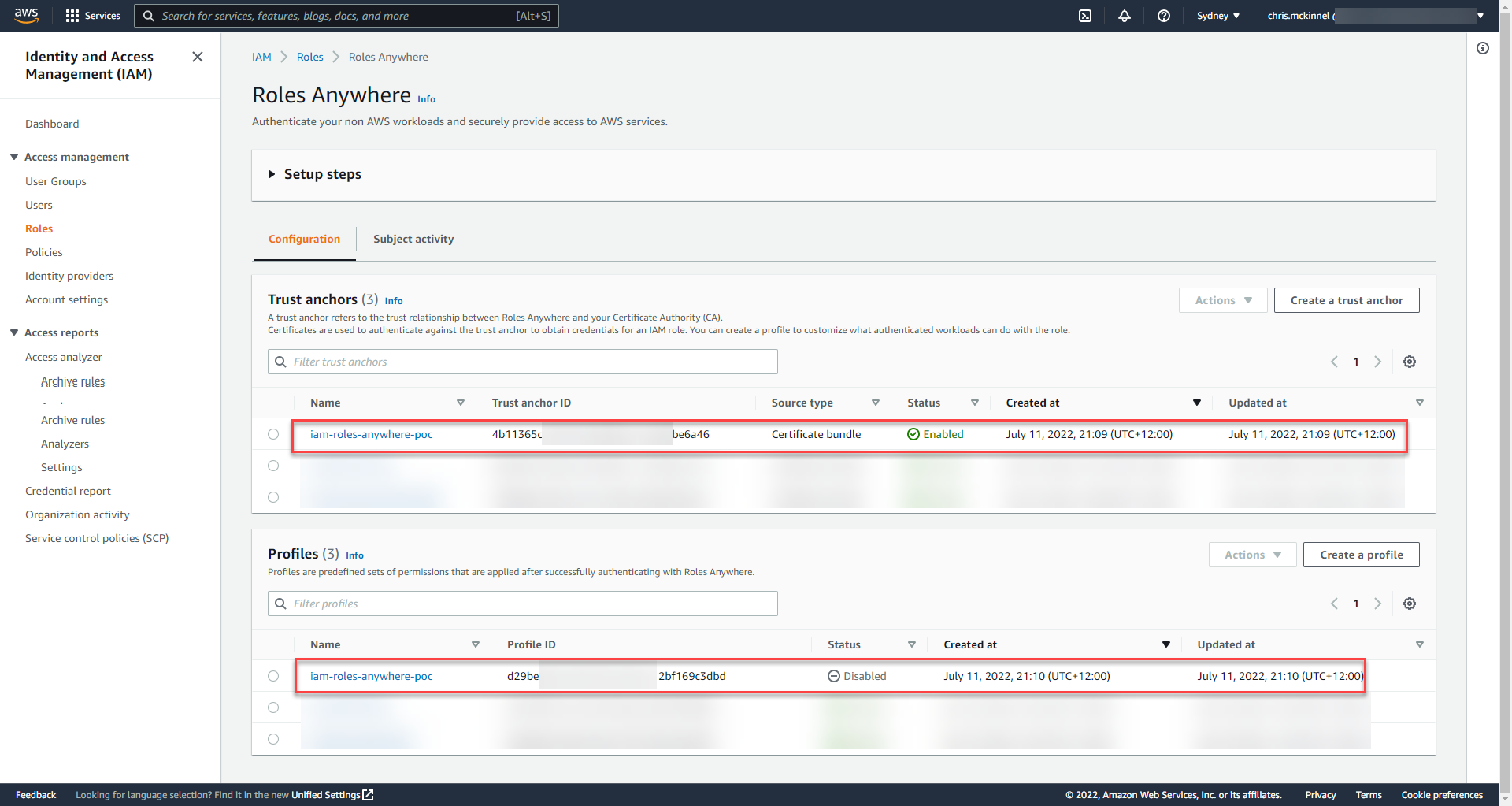 Screen shot of IAM Roles Anywhere Dashboard.