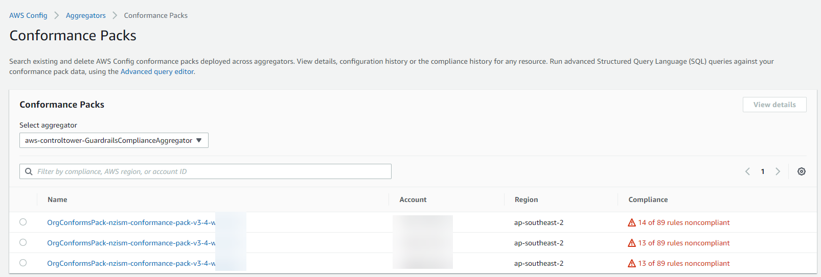 Screen shot of a new account conformance pack deployed.