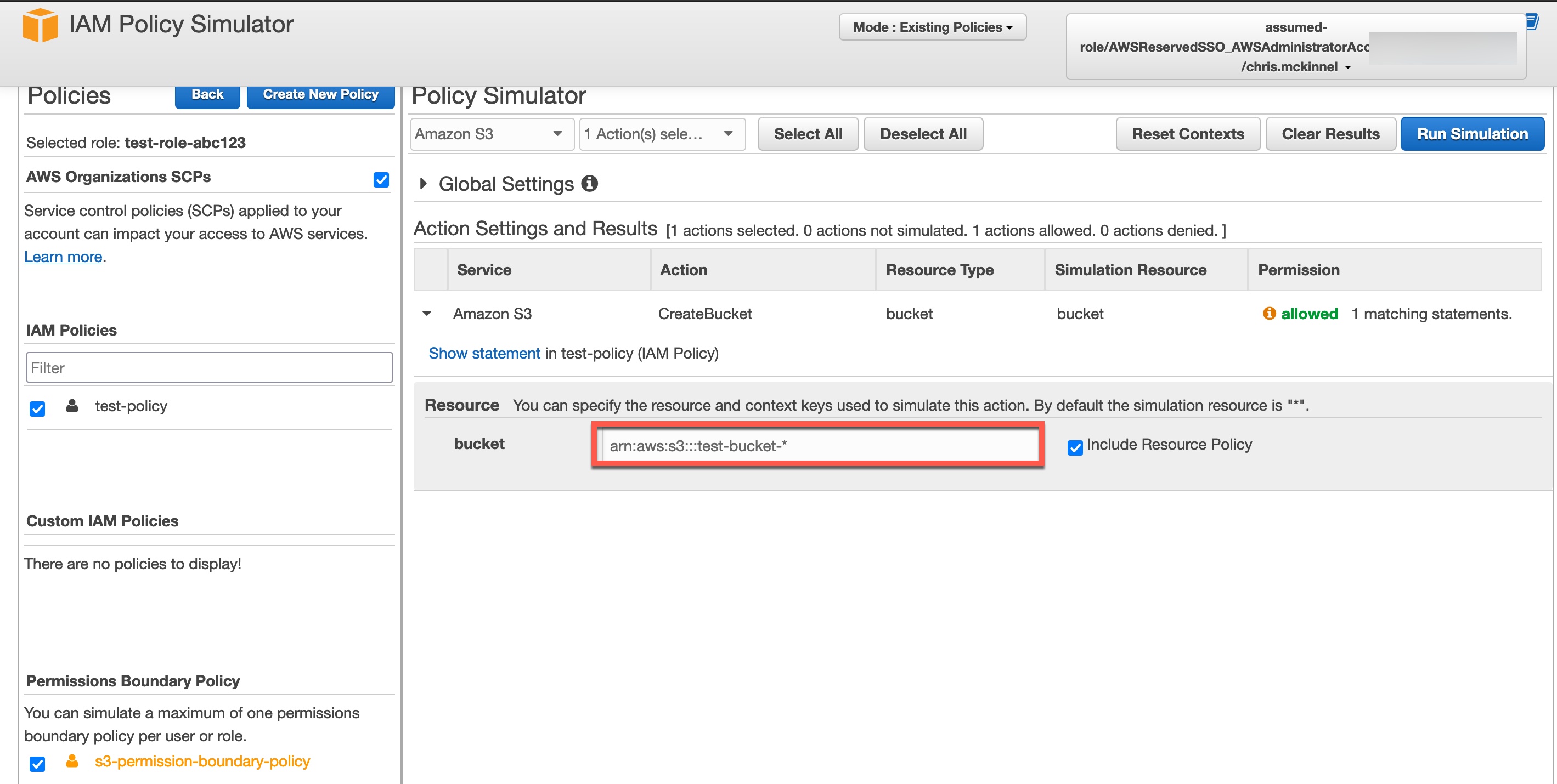 Screen shot of policy simulator - s3 allowed.