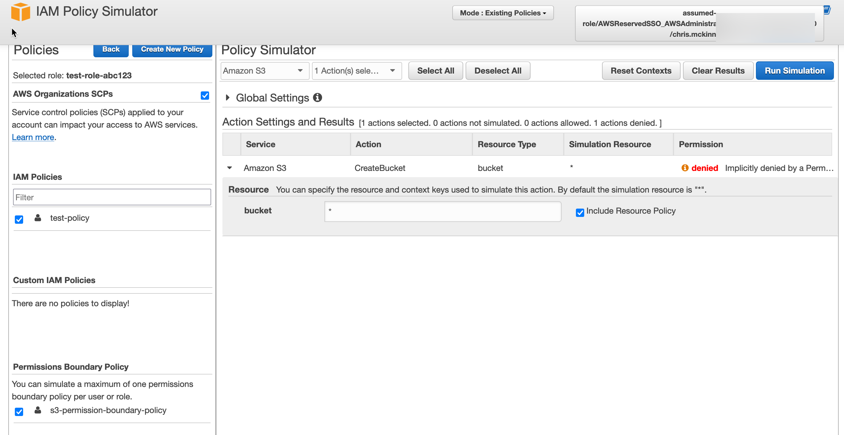 Screen shot of policy simulator - S3 create bucket denied.